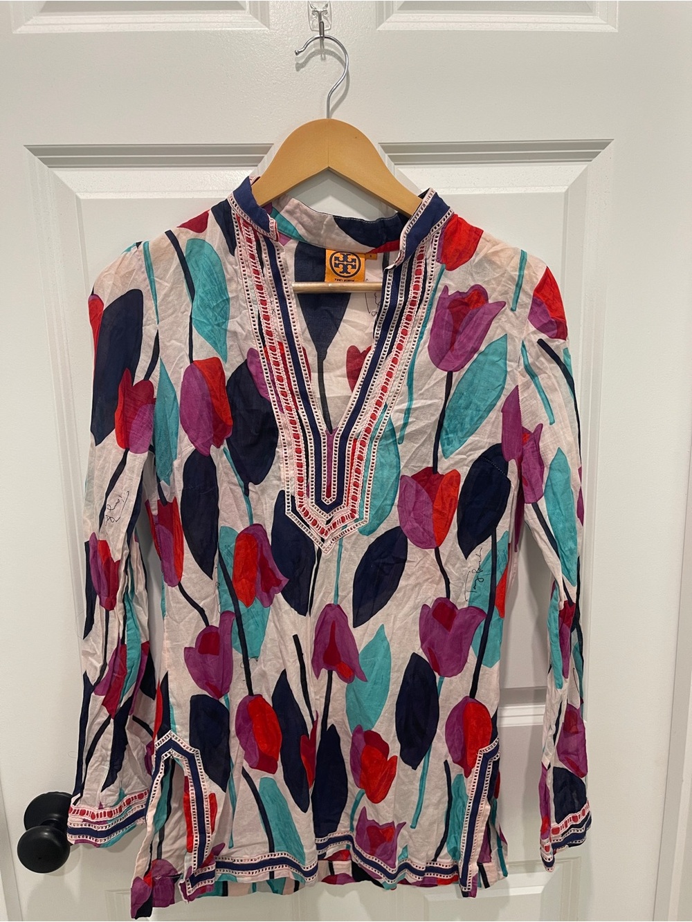 Tory Burch Navy, Red & Teal Floral-Print Tunic